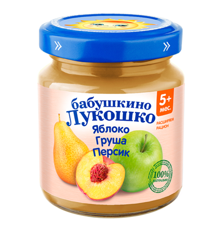 фото упаковки Бабушкино Лукошко Пюре яблоко груша персик