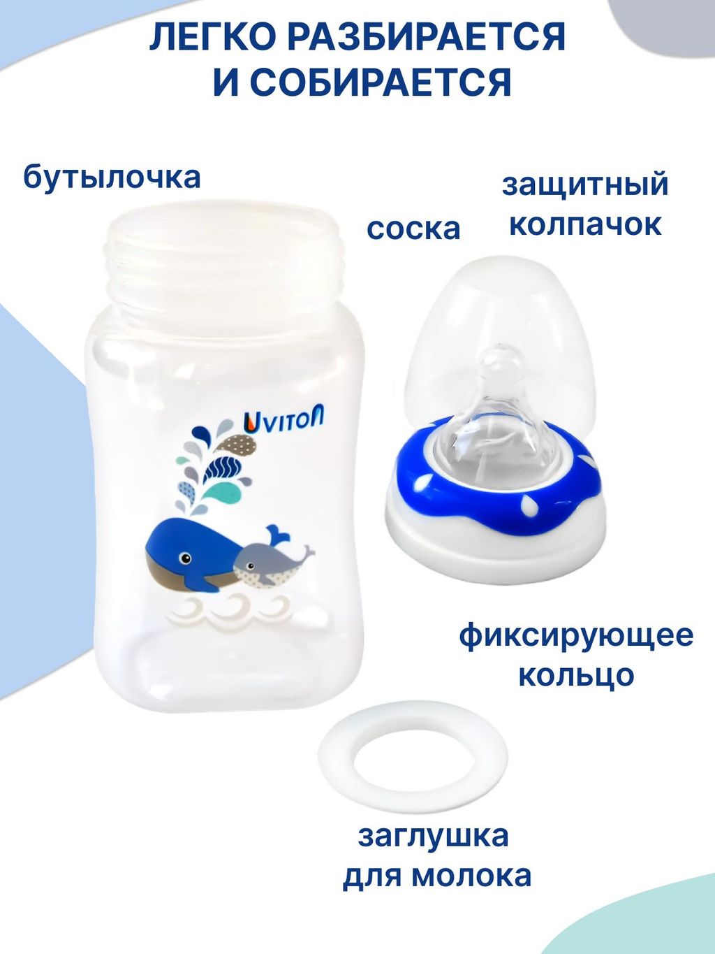 Uviton Бутылочка для новорожденных с широким горлышком, 0086, синий, 150 мл, 1 шт.