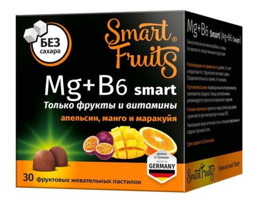 Смарт Фрутс Магний+Витамин В6 Smart, для детей с 3 лет и взрослых, пастилки жевательные, без сахара, 30 шт.