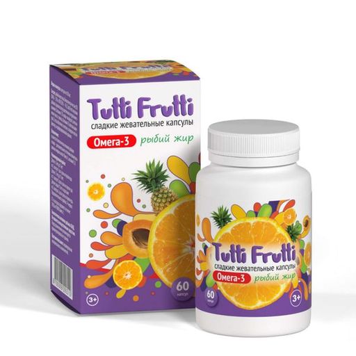 Tutti-Frutti Омега-3 рыбий жир, капсулы, малина клубника апельсин лимон грейпфрут, 60 шт.